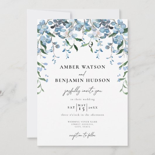Invitation Dusty Blue Elegant Floral Aquarelle Mariage (Devant)