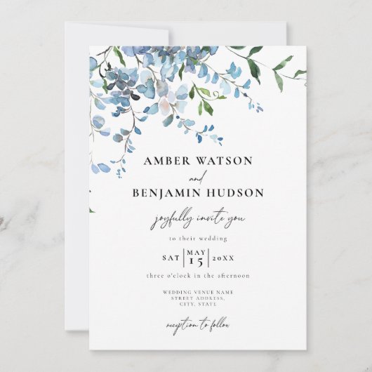 Invitation Dusty Blue Elegant Floral Aquarelle Mariage (Devant)