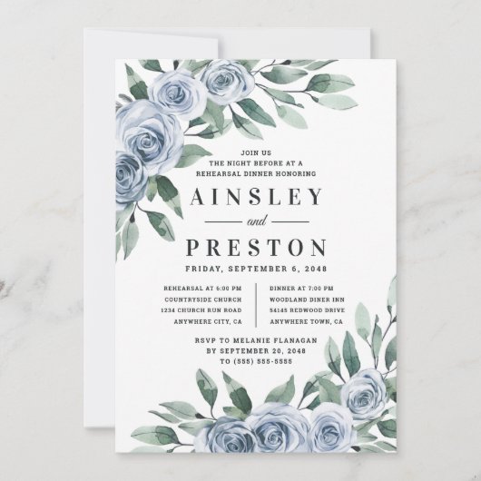 Invitation Dusty Blue Élégant Floral Rustic Rehearer Dîner (Devant)