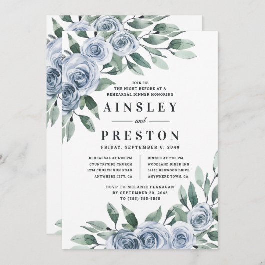 Invitation Dusty Blue Élégant Floral Rustic Rehearer Dîner (Devant / Derrière)