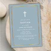 Invitation Dusty Blue Elegant Gold Typographie Croix Baptême