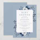 Invitation Dusty Blue élégant Pays Baby shower Floral (Devant / Derrière)