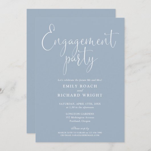 Invitation Dusty Blue Elegant Script Engagement Party (Devant / Derrière)