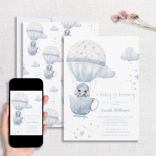 Invitation Dusty Blue Elephant Baby brasse du Baby shower