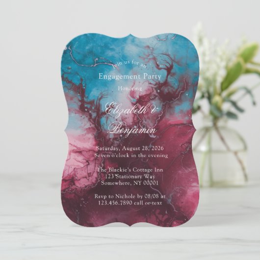 Invitation Dusty Blue et Burgundy Alcool Engagement Party (Debout devant)