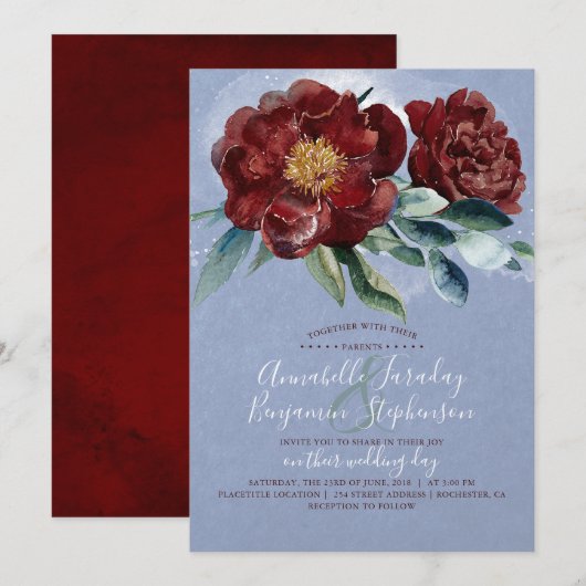 Invitation Dusty Blue et Cranberry Burgundy Mariage rouge (Devant / Derrière)