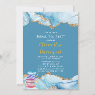 Invitation Dusty Blue et Gold Agate Bridal Tea Party
