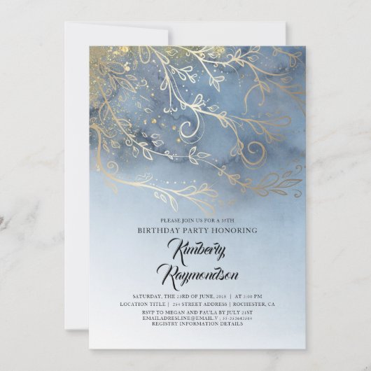 Invitation Dusty Blue et Gold Elegant fête d'anniversaire (Devant)