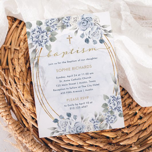 Invitation Dusty Blue et Gold Floral | Baptême élégant