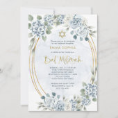 Invitation Dusty Blue et Gold Floral | Bat mitzvah élégant (Devant)
