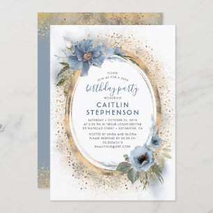 Invitation Dusty Blue et Gold Parties scintillant Floral Anni