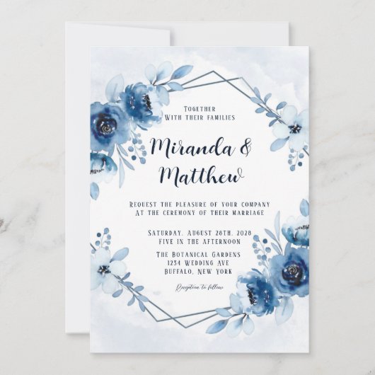 Invitation Dusty Blue et marine Aquarelle Peonies Mariage Inv (Devant)