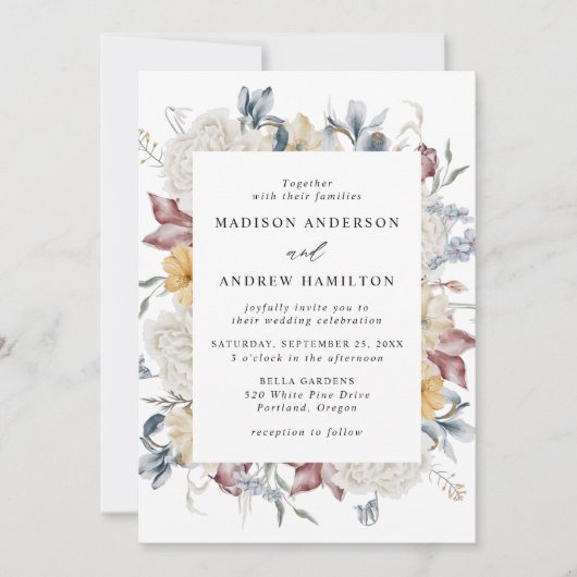Invitation Dusty Blue et Mauve Fleur sauvage Meadow Mariage (Devant)
