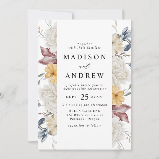 Invitation Dusty Blue et Mauve Fleur sauvage Meadow Mariage (Devant)