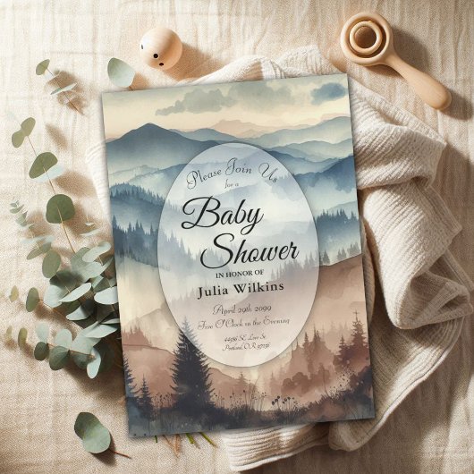 Invitation Dusty Blue et Mocha Brown Mountains Baby shower