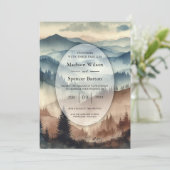 Invitation Dusty Blue et Mocha Brown Mountains Mariage (Debout devant)