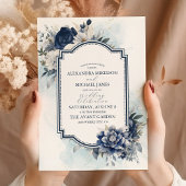 Invitation Dusty Blue et Navy Floral Mariage élégant