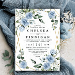 Invitation Dusty Blue et or élégant Floral Rustic Mariage<br><div class="desc">Le design se compose d'un élégant cadre géométrique de couleur or (imprimé) décoré en rose aquarelle, pivoines, hydrangée, souffle de bébé et plus encore sur différents types de branches vertes et feuilles. Le bleu poussiéreux est conçu pour présenter différentes nuances de couleur dans les fleurs pour correspondre à la variété...</div>