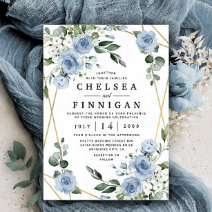 Invitation Dusty Blue et or élégant Floral Rustic Mariage
