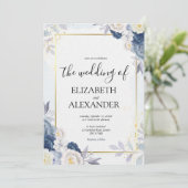 Invitation Dusty Blue et or élégant Floral Rustic Mariage (Debout devant)