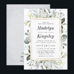Invitation Dusty Blue et or Elegant Rustic Floral Mariage<br><div class="desc">Le design se compose d'un cadre géométrique imprimé en or élégant sur le devant avec des eucalyptus et des feuilles de verdure fleurie dans les tons vert, bleu poussiéreux, gris et plus. L'arrière est muni d'un arrière - plan texturé à l'aquarelle bleu-gris poussiéreux avec un élément de branche feuille correspondant....</div>