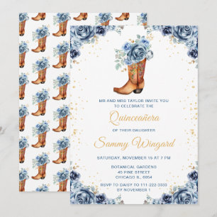 Invitation Dusty Blue et Or Floral Cowboy Boot Quinceañera