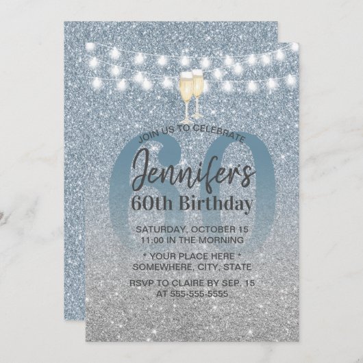 Invitation Dusty BLue et Parties scintillant d'argent 60e ann (Devant / Derrière)