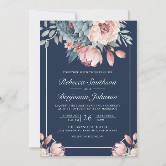 Invitation Dusty Blue et rose Floral Navy QR Code Mariage (Devant)