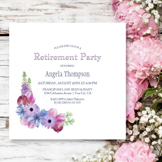 Invitation Dusty Blue et rose Floral Retraite Party