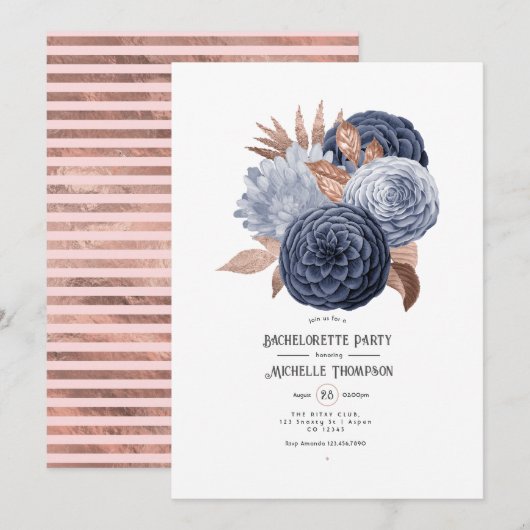Invitation Dusty Blue et Rose Gold Floral Bachelorette Party (Devant / Derrière)