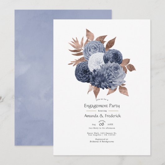 Invitation Dusty Blue et Rose Gold Floral Engagement Party (Devant / Derrière)
