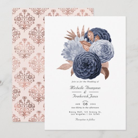 Invitation Dusty Blue et Rose Gold Floral Mariage (Devant / Derrière)