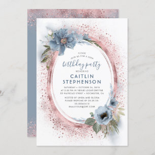 Invitation Dusty Blue et Rose Gold Parties scintillant fête d