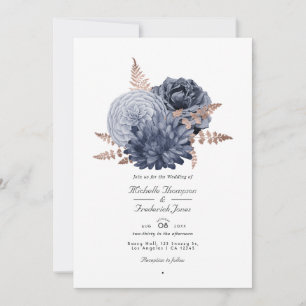 Invitation Dusty Blue et Rose or Floral Mariage QR Code en
