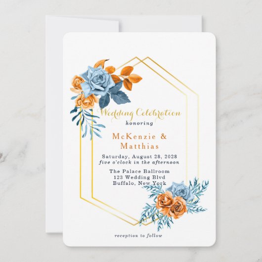 Invitation Dusty Blue et Rusty Peony Floral Mariage or (Devant)
