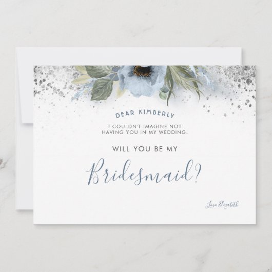 Invitation Dusty Blue et Silver Will you be my Bridesmaid (Devant)