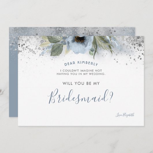 Invitation Dusty Blue et Silver Will you be my Bridesmaid (Devant / Derrière)
