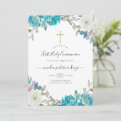 Invitation Dusty Blue et Turquoise Floral Holy Communion Inv (Debout devant)