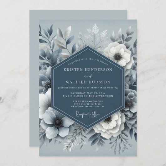 Invitation Dusty Blue Ethereal Flora Wedding (Devant / Derrière)