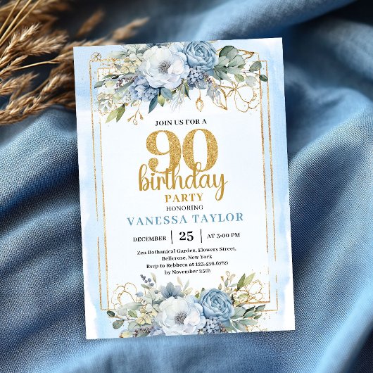 Invitation Dusty Blue Eucalyptus 90th Birthday Elegant Invite