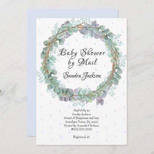 Invitation Dusty Blue Eucalyptus Baby shower garçon par courr (Devant / Derrière)