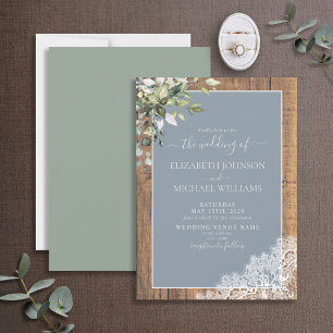 Invitation Dusty Blue Eucalyptus Botanical Wood Wedding