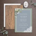 Invitation Dusty Blue Eucalyptus Botanical Wood Wedding  Invi<br><div class="desc">Ooh, we're so happy with this traditional formal dusty blue eucalyptus botanical, rustic wedding invitation! This gorgeous, elegant design with a crisp white hand lettered script, dusty blue background and lace features a dusty blue eucalyptus botanical floral watercolor motif. Part of a matching wedding invitation suite. https://www.zazzle.com/store/elegant_invites_/gifts?cg=196910687900850272&pburl= Copyright Elegant Invites....</div>