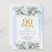 Invitation Dusty Blue Eucalyptus Gold 90th Birthday Milestone (Devant)