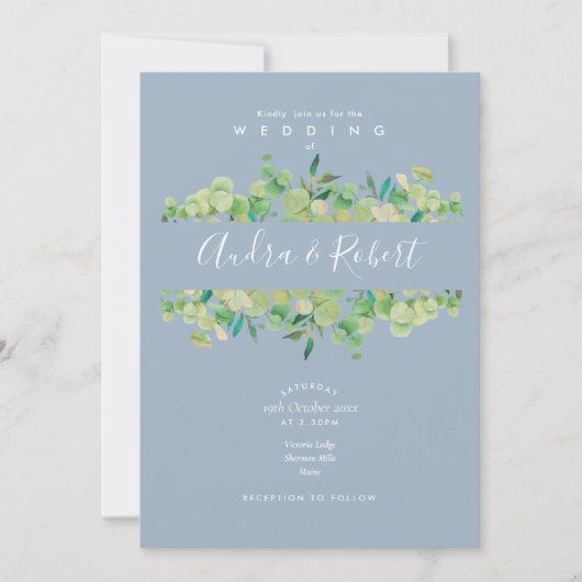 Invitation Dusty Blue Eucalyptus Greenery Mariage (Devant)