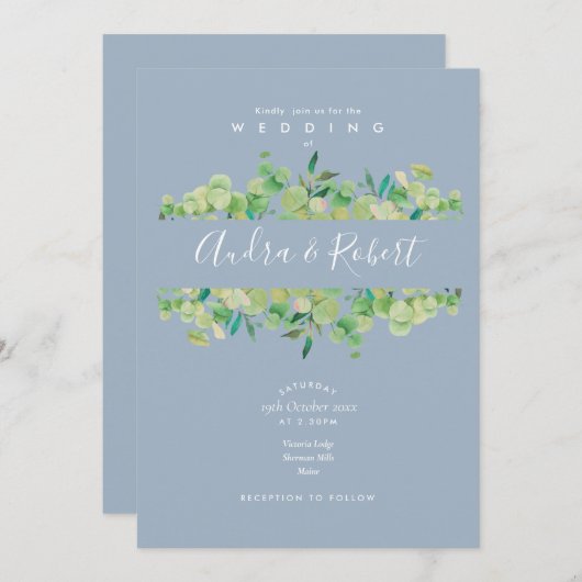 Invitation Dusty Blue Eucalyptus Greenery Mariage (Devant / Derrière)