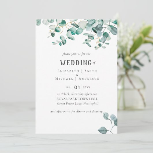 Invitation Dusty Blue Eucalyptus MARIAGE BUDGET vert (Debout devant)