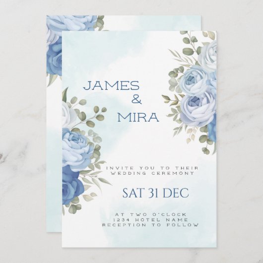 Invitation Dusty Blue Eucalyptus Mariage I (Devant / Derrière)
