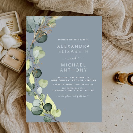 Invitation Dusty Blue Eucalyptus Rustic Greenery Mariage