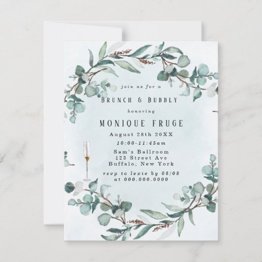 Invitation Dusty Blue Eucalyptus Vert Brunch & Bubbly (Devant)